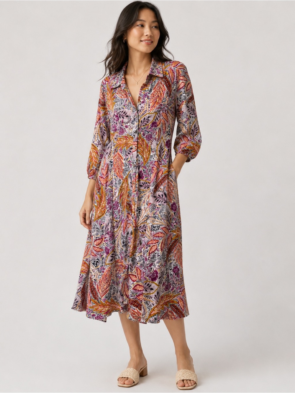 Parallel Skies Botanical Leaf Print Button Front Shirt Dress Midi Boho 3/4 Sleev